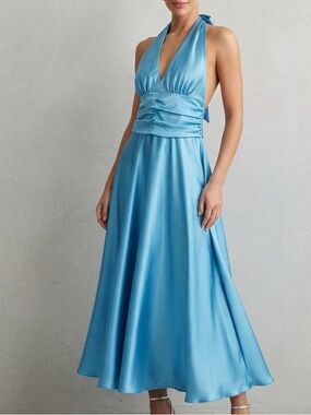 Y2K Vintage Halter Neck Satin Midi Dress in Sky Blue Size Medium